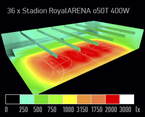 symulacja oswietlenia hala widowiskowo sportowa dialux naswietlacz led arena 400W natezenie swiatla 1800lx