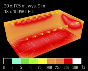 Symulacja oswietlenia szkolnej sali gimnastycznej 500lx 03 symulacja oswietlenie sala gimnastyczna dialux naswietlacz led sFIELD MT natezenie swiatla